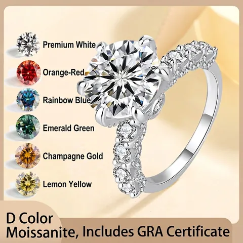 Luxury 925 Sterling Silver Moissanite Ring For Women Classic Six-Prong Round Cut Moissanite Engagement Ring Wedding Jewelry