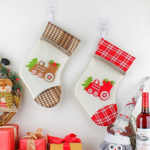 Christmas Stockings Candy Gift Bags With Plaid Train Patch Knit Fabric Faux Fur Trim For Holiday Party Decoration