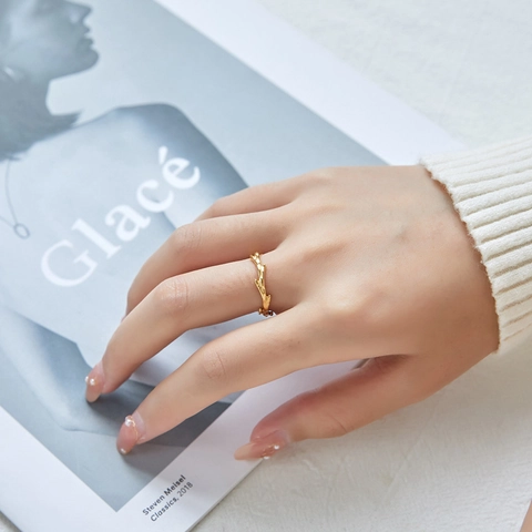 Anello Minimalista Nido Ape Onda E Ramo Acciaio Titanio Placcato Oro 18K Gioielli Geometrici Per Donne