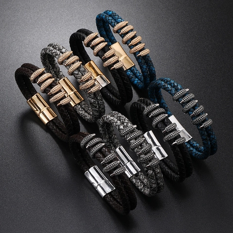 Herren Geflochtenes Lederarmband Vintage Gewebtes Rindsleder Armband Mit Legierung Magnetverschluss Krallenperlen Dekoratives Accessoire