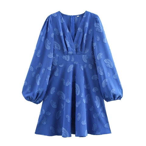 Mini Dress V Neck Long Sleeve High Waist Ruched A Line Jacquard Paisley Texture Retro Elegant Solid Blue For Women