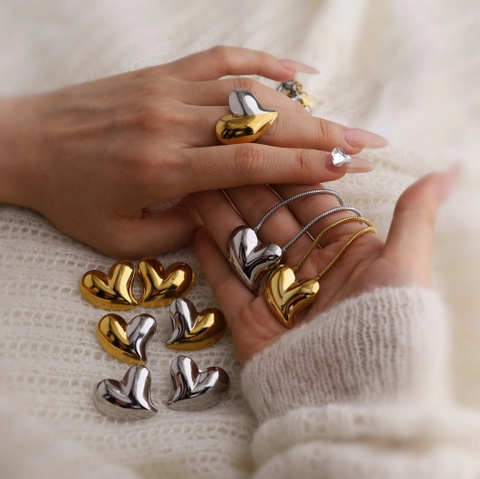 Ensemble de Bijoux Cœur en Acier Inoxydable pour Femmes Or Argent Bicolore Boucles d'Oreilles Clous Cœur 3D Collier Accessoires Bijoux Vintage Français