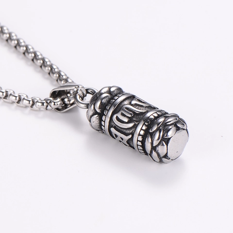 Roestvrijstalen Boeddhistisch Gebedsmolen Hanger Ketting Om Mani Padme Hum Lotus Reliëf Retro Punk Stijl Sieraden