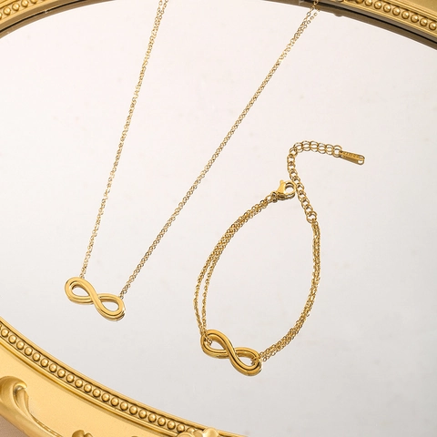 Ensemble Collier Et Bracelet Symbole Infini Acier Inoxydable Plaqué Or Bijoux Minimalistes Pour Femmes Élégant Chaîne O