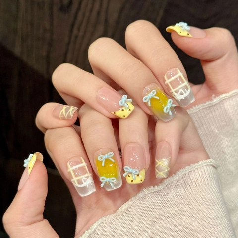 Handmade Press On Nails Pink Yellow Bowknot Design Sweet Style 3D Butterfly Almond Fake Nails Set For Women Daily Art Jewelry