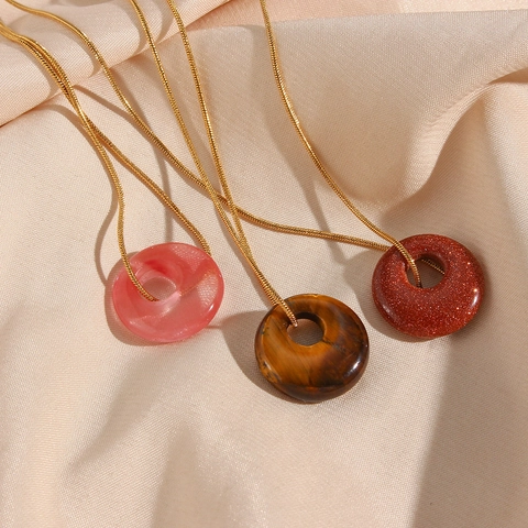 Collar con Colgante Redondo de Piedra Natural de Acero Inoxidable para Mujer Malaquita Cuarzo Rosa Ágata Joyería
