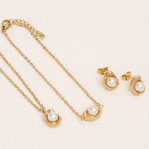 Electroplated Stainless Steel Artificial Pearl Pea Shape Necklace Bracelet And Stud Earrings Set For Women Fashion Jewelry