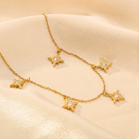 Eight Pointed Star Anhänger Halskette 18K Vergoldet Edelstahl Strass Zierliche Schlüsselbeinkette Schmuck Für Damen
