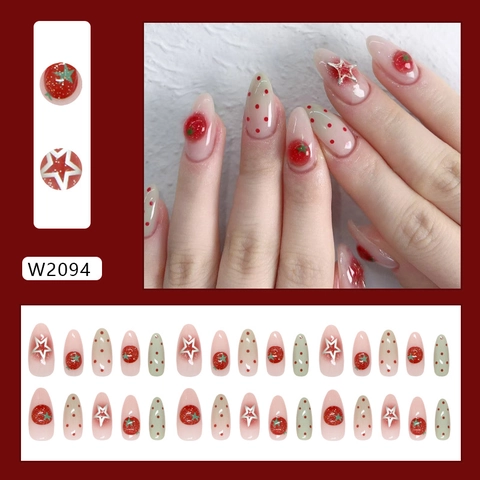 Press On Nails Unghie Finte Sfumate Rosa Lucido Con Fragola 3D Puntini Rossi E Stelle Argentate Unghie Dolci E Carine