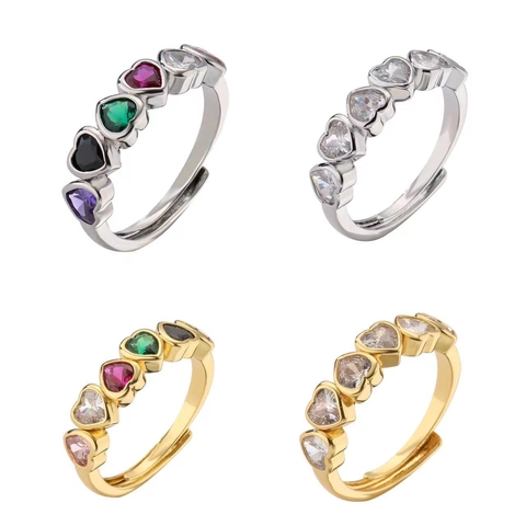 Heart Zirconia Open Adjustable Ring Gold Plated Alloy Five Colorful Cubic Zirconia Stones Sweet Jewelry For Women
