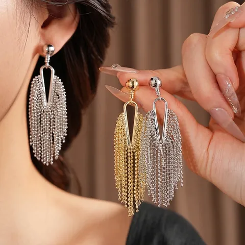 Quasten Hänger Ohrringe Für Damen Kupfer Geometrisches Dreieck Metall Perlenkette Mit Silver Earring Post Chic Stil
