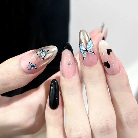 Butterfly Plastic Press On Nails Long Almond False Nails French Tip Heart Star Glitter Sweet Cool Style For Women