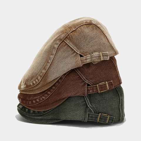 Casquette Plate En Coton Lavé Denim Vintage Réglable Style Britannique Rétro Béret Ivy Newsboy Usé