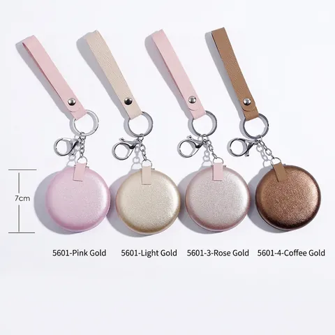 Mini Miroir De Maquillage Double Face Pliable Portable En Cuir PU Rond Miroir De Poche Compact Avec Porte-Clés Dragonne