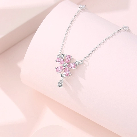 Collana con Pendente a Fiore di Pesco in Argento Sterling 925 e Zirconia Rosa per Donna Gioielli Floreali Matrimonio San Valentino