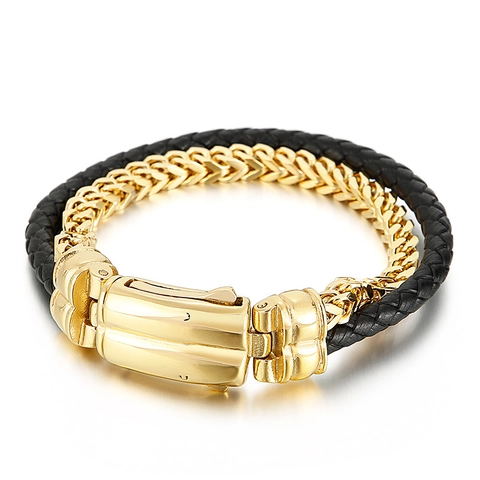 Men Double Layer Bracelet Stainless Steel Wheat Chain Woven Leather Rope Punk Trendy Fashion Jewelry