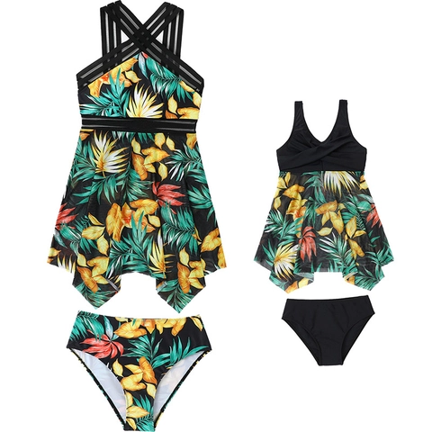 Mommy And Me Matching Swimwear Floral Print Tankini Mesh Halter Neck Swimsuit High Waisted Bathing Suit Women Girls
