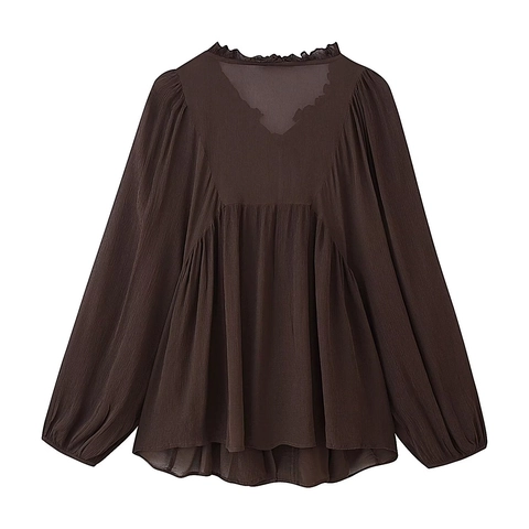 Damen Schluppenbluse Aus Chiffon Mit Rüschen Langarm Plissee Einfarbig Mode Kaffee Oberteil