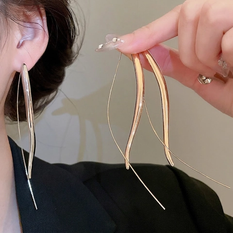Minimalist Long Streamlined Drop Earrings With Silver Earring Post Polished Wave Shape For Women Fashion Jewelry