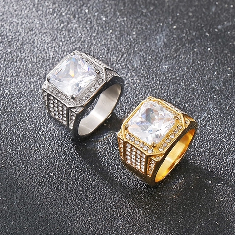 Men Hip Hop Ring Luxury Square AAA Cubic Zirconia Stainless Steel Gold Plated Iced Out Micro Pave Statement Bling Jewelry