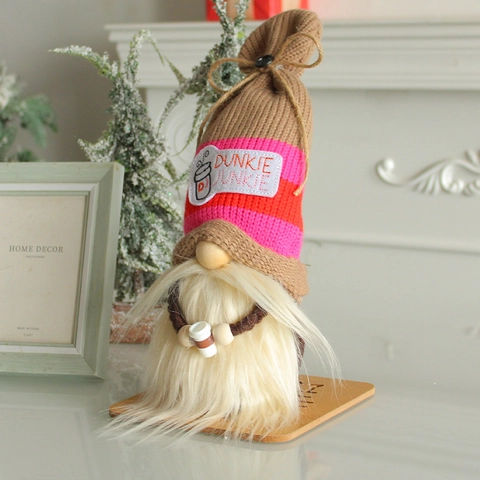Gnomo Senza Volto Peluche Tomte Ornamento Cappello A Maglia A Righe Con Tazza Di Caffè Per Decorazione Natalizia Scrivania Figura