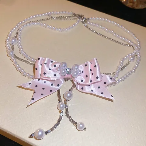 Double Layer Imitation Artificial Pearl Choker Necklace Pink Polka Dot Satin Ribbon Bow Alloy Flower Rhinestone Dangle Elegant Sweet