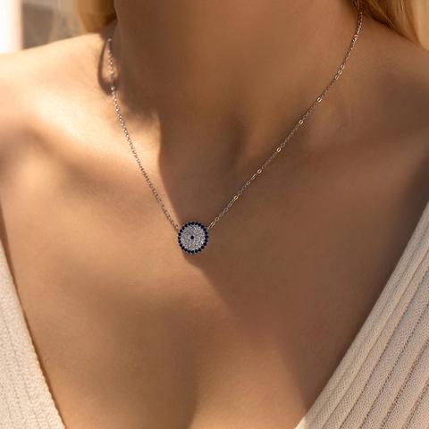 Collana Malocchio in Argento Sterling S925 Vintage per Donna Pendente Tondo Zirconia Occhio Blu Pavé Catena Clavicola Gioielli