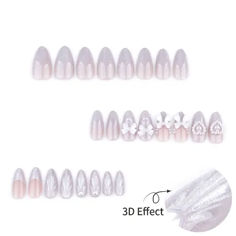 Uñas Postizas Almendra Press On Lazo 3D Perla Artificial Corazón Ojo De Gato Degradado Brillo Estilo Francés Elegante