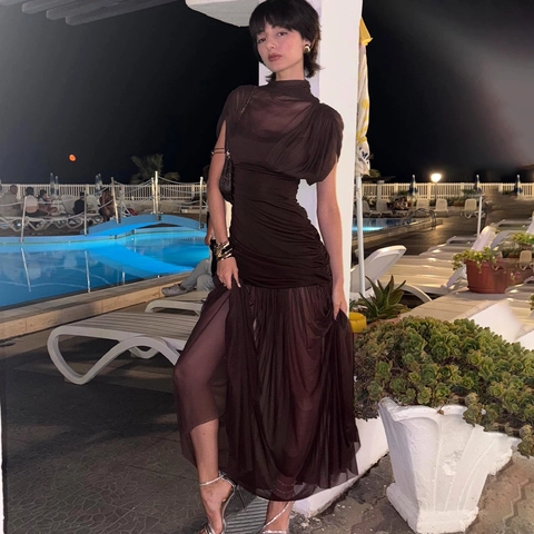 Geplooide Mesh Maxi Jurk Mouwloos Coltrui Transparant Sexy Bodycon Streetwear Elegant Lang Clubwear Voor Dames