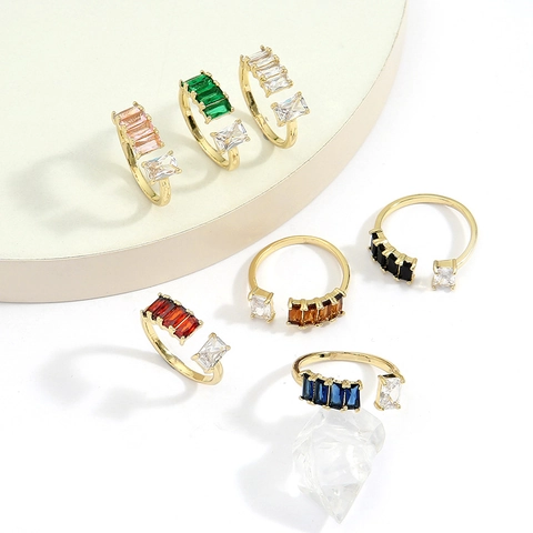 Anello Aperto Regolabile Rame Placcato Oro Zircone Baguette Colorato Gioielli Moda Geometrici Minimalisti Donna