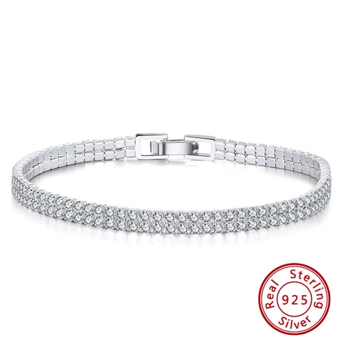 Bracelet Tennis Double Rangée Argent Sterling 925 Zircone Cubique Étincelant Bijoux Classiques Pour Femmes Cadeau Élégant