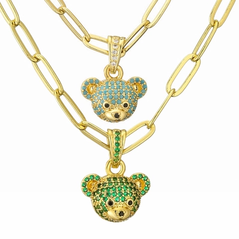 Teddy Bear Head Pendant Necklace Copper Zircon Micro Pave Paperclip Chain INS Style Cute Animal Jewelry For Women