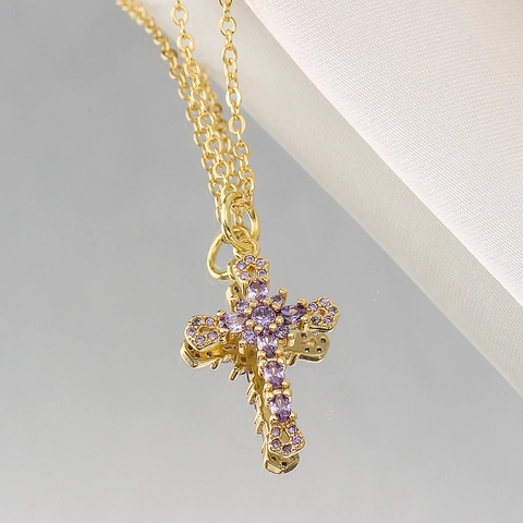 Collana Con Pendente A Croce Placcata Oro 18K Rame Micro Pave Zirconia Cubica Colorata Gioielli Geometrici Donna