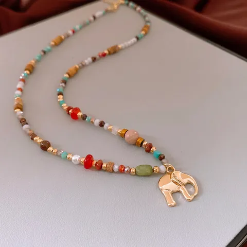 Elephant Pendant Beaded Necklace Multi Color Graphic Stone Alloy Glass Bohemian Ethnic Jewelry For Women