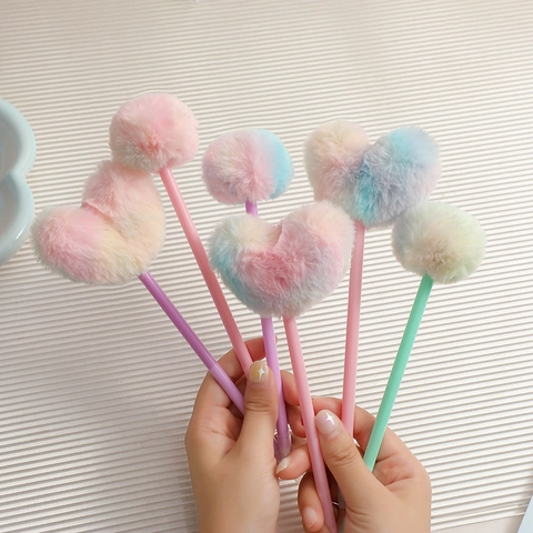 Cute Ballpoint Pens With Rainbow Gradient Plush Heart Ball Top Plastic Barrel Stationery For Students Party Gifts