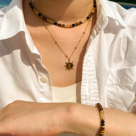 Gioielli Collana E Bracciale In Acciaio Inossidabile Con Perline Di Pietra Occhio Di Tigre Naturale Con Ciondolo Sole Donna