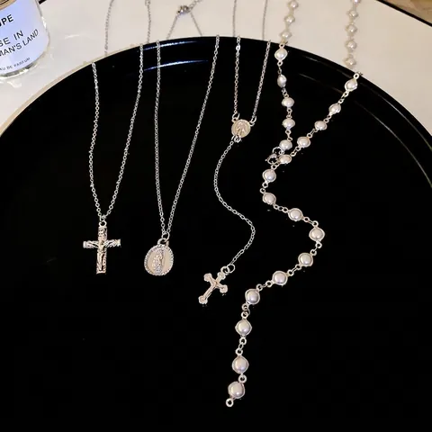 Multi Layer Halskette Legierung Imitat Künstliche Perle Kreuz Jungfrau Maria Anhänger Y2K Gothic Retro Religiöser Schmuck Damen