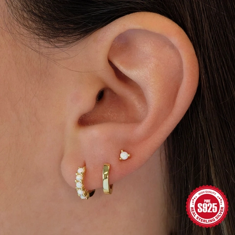 925 Sterling Silver Opal Earrings Hoops And Studs Geometric Round Minimalist Elegant Fine Jewelry Women White Fire Opal