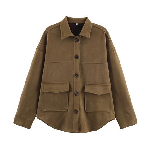 Damen Casual Wildlederimitat Hemdjacke Vintage Langarm Umlegekragen Einreihiger Lockerer Mantel Mit Taschen Braun