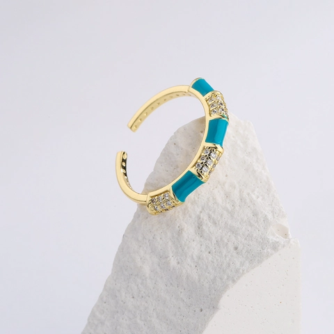Böhmischer Geometrischer Offener Ring Kupfer 18K Vergoldet Zirkon Emaille Bunte Bambusform Verstellbarer Schmuck Damen