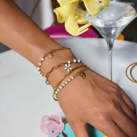 Stainless Steel Beaded Bracelet With Evil Eye Sun Daisy Charms Gold Plated Bohemian Fashion Jewelry For Women