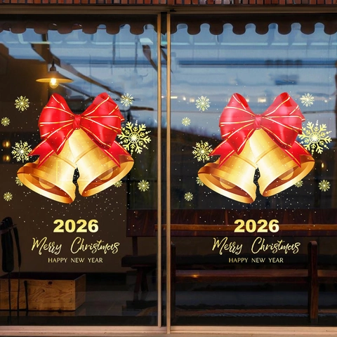 Christmas Window Sticker Static Cling Merry Christmas New Year Gold Bells Snowflakes PVC Double Sided Glass Door Decor