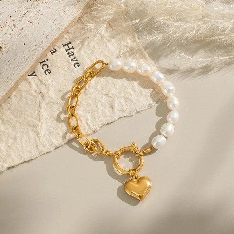 Bracelet En Acier Inoxydable 304 Avec Künstliche Perle D'eau Douce Et Pendentif Coeur Plaqué Or Chaîne Rétro Pour Femmes