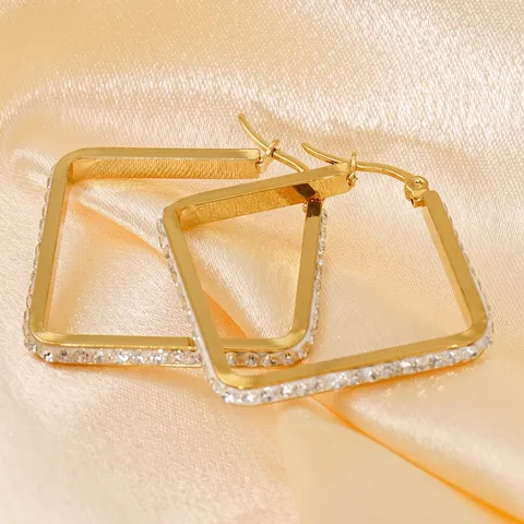 Square Hoop Earrings 18K Gold Plated Stainless Steel Cubic Zirconia Inlaid Geometric Minimalist Fashion Jewelry For Women
