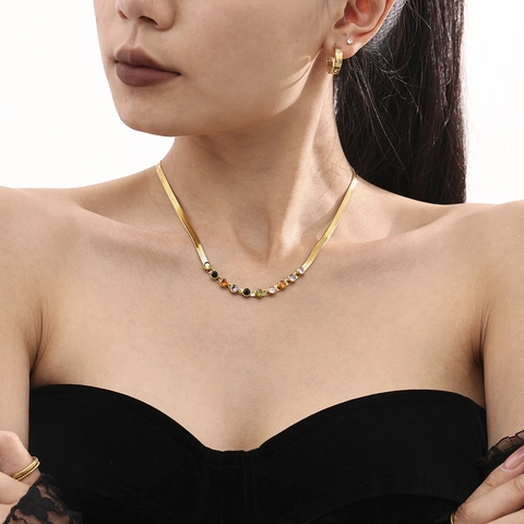 Collar Y Pulsera de Acero Inoxidable Con Circonia Colorida Cadena de Cuchillas Joyería Chapada en Oro 18K Para Mujer Fiesta