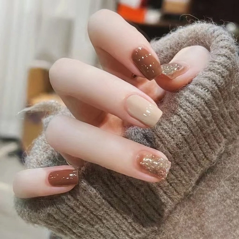 Press On Nails Short Square Brown Beige Glitter Cat Eye Effect Glossy Elegant Artificial False Fingernails For Women