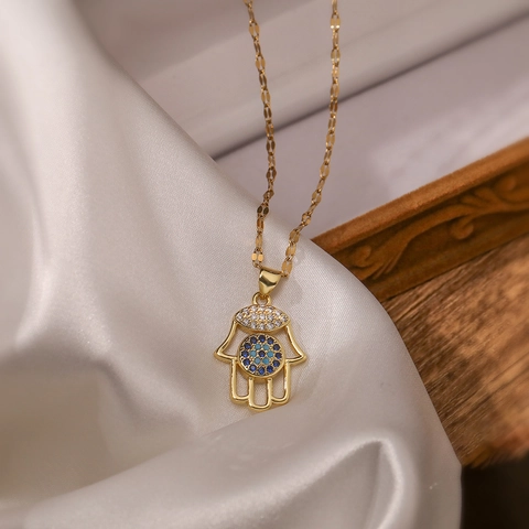 Hamsa Hand Evil Eye Schmuckset 18K Vergoldetes Kupfer Zirkon Halskette Und Creolen Damen Mode Luxus