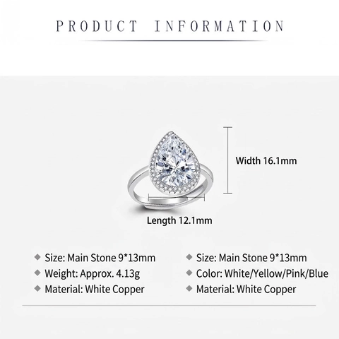 Peergeslepen Zirconia Halo Open Ring Voor Vrouwen Mode Cupronikkel Verstelbare Vingerring Waterdruppel Edelsteen Sieraden