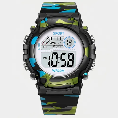 Kids Digital Sports Watch Camouflage Rubber Strap Waterproof Luminous Alarm Stopwatch For Boys Girls