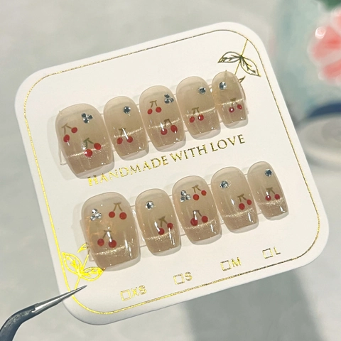 Handmade Press On Nails Cherry Pattern Cat Eye Magnetic Gel With Rhinestones French Style Square Oval Shape Fresh Sweet Design For Women